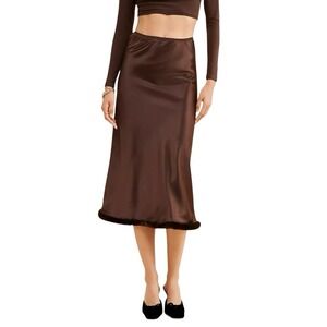 Naya Rea Free People Midi Skirt Size S Brown Satin Faux Fur Fairy Whimsigoth